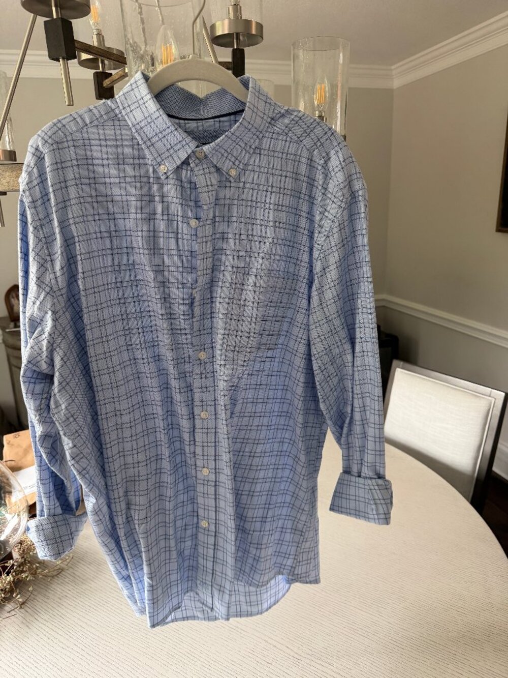 Johnston & Murphy Long Sleeve Shirt Light Blue White Windowpane Check Men's XL